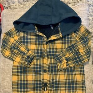 DKNY Blue and Yellow Plaid Hooded Shirt